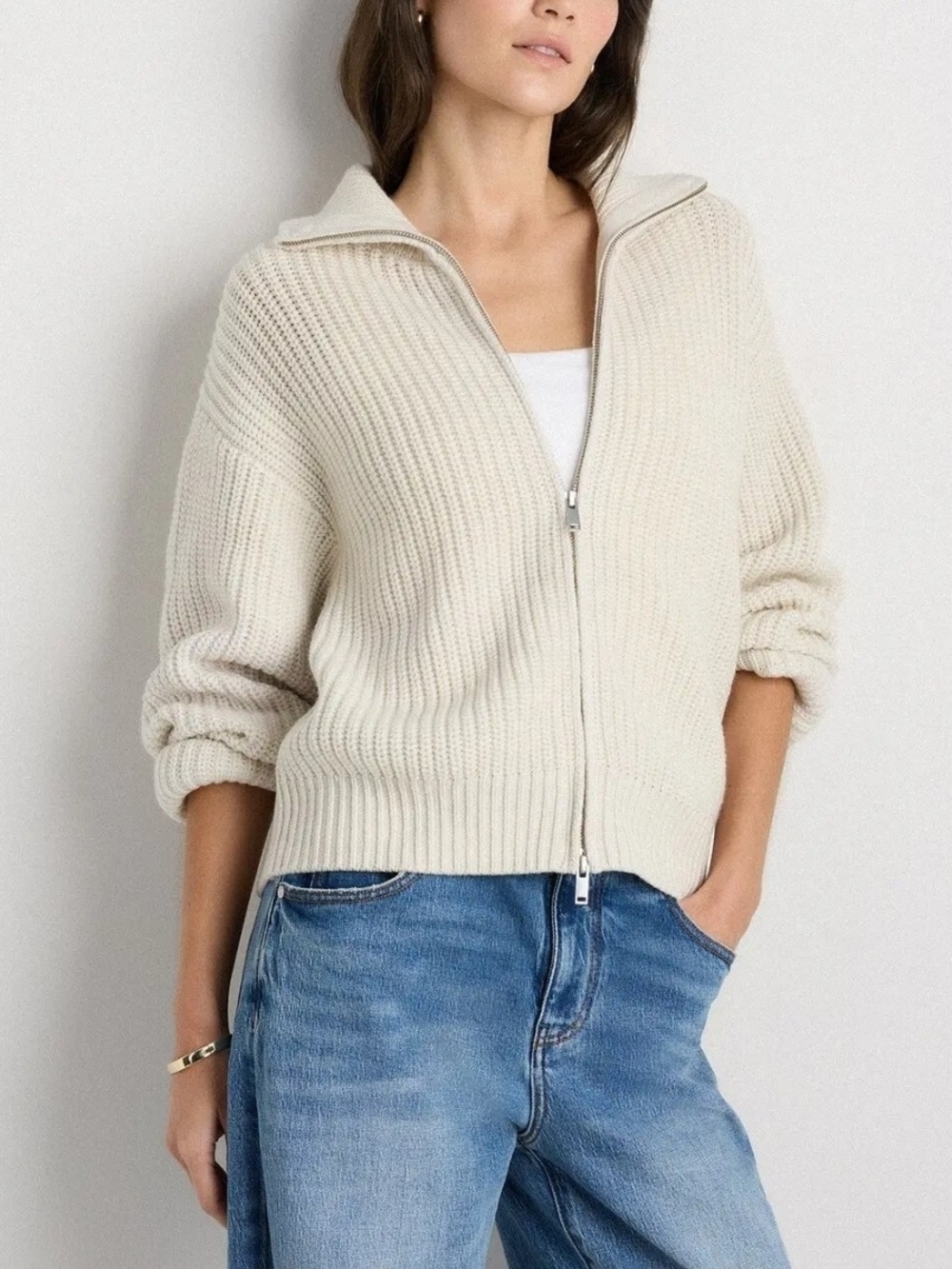 Quince Australian Merino Wool Full Zip Sweater In Heather Bone, Sz L, NWT
